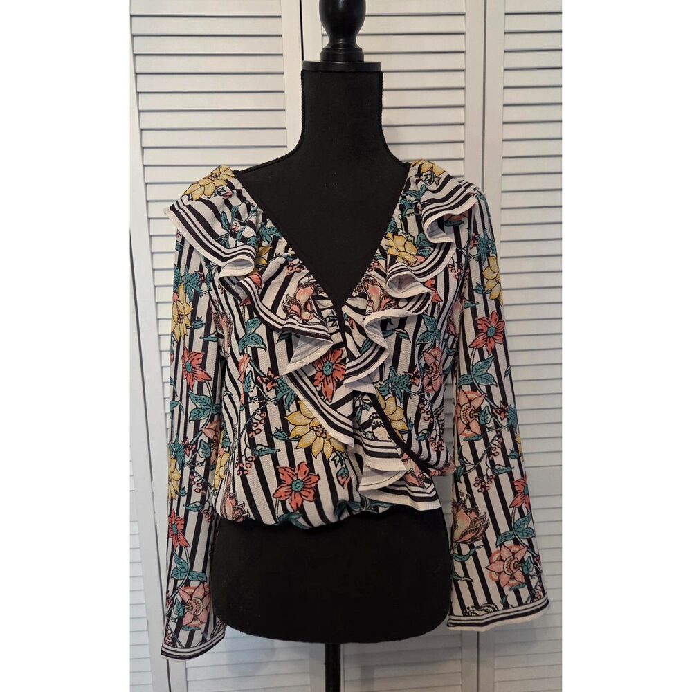 Flying Tomato Striped Floral Ruffle Blouse – Bell Sleeves, NWOT, Size Medium